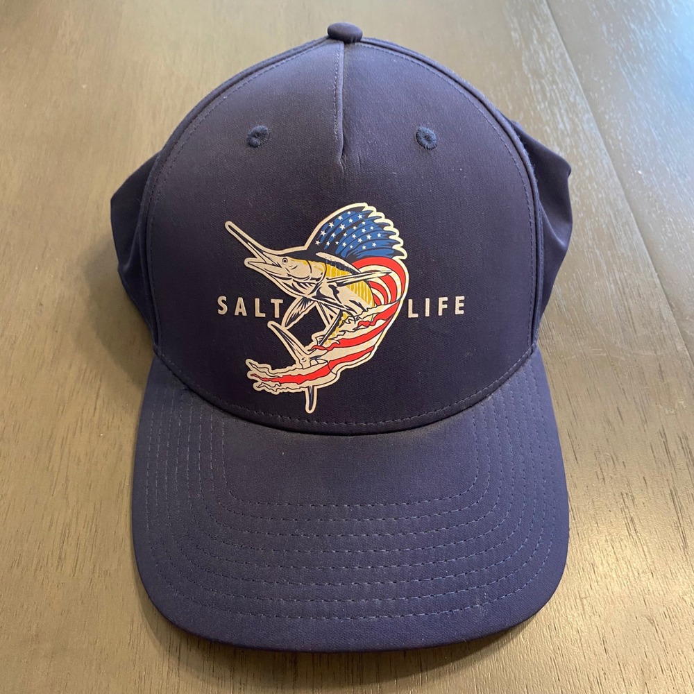 Salt Life Mens Navy Blue Marlin American Flag Performance Hat Adjustable Cap